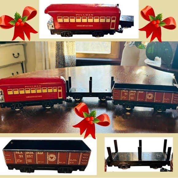 MARX & CO Other - 3 Vintage Metal Train Cars, Pullman, Lumber and Coal THINK HOLIDAY DECOR